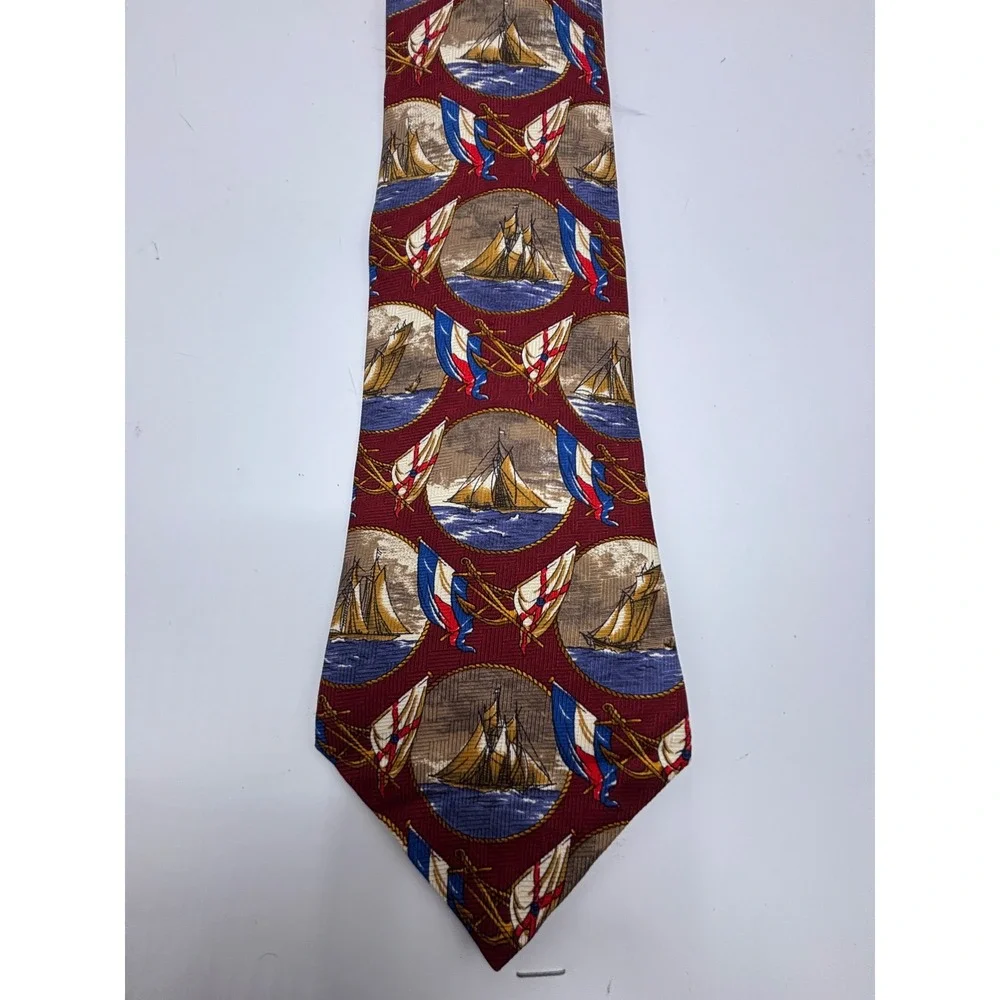 Tommy Hilfiger 100% Silk Sailboat Nautical Tie Burgundy Blue Made in USA Classic